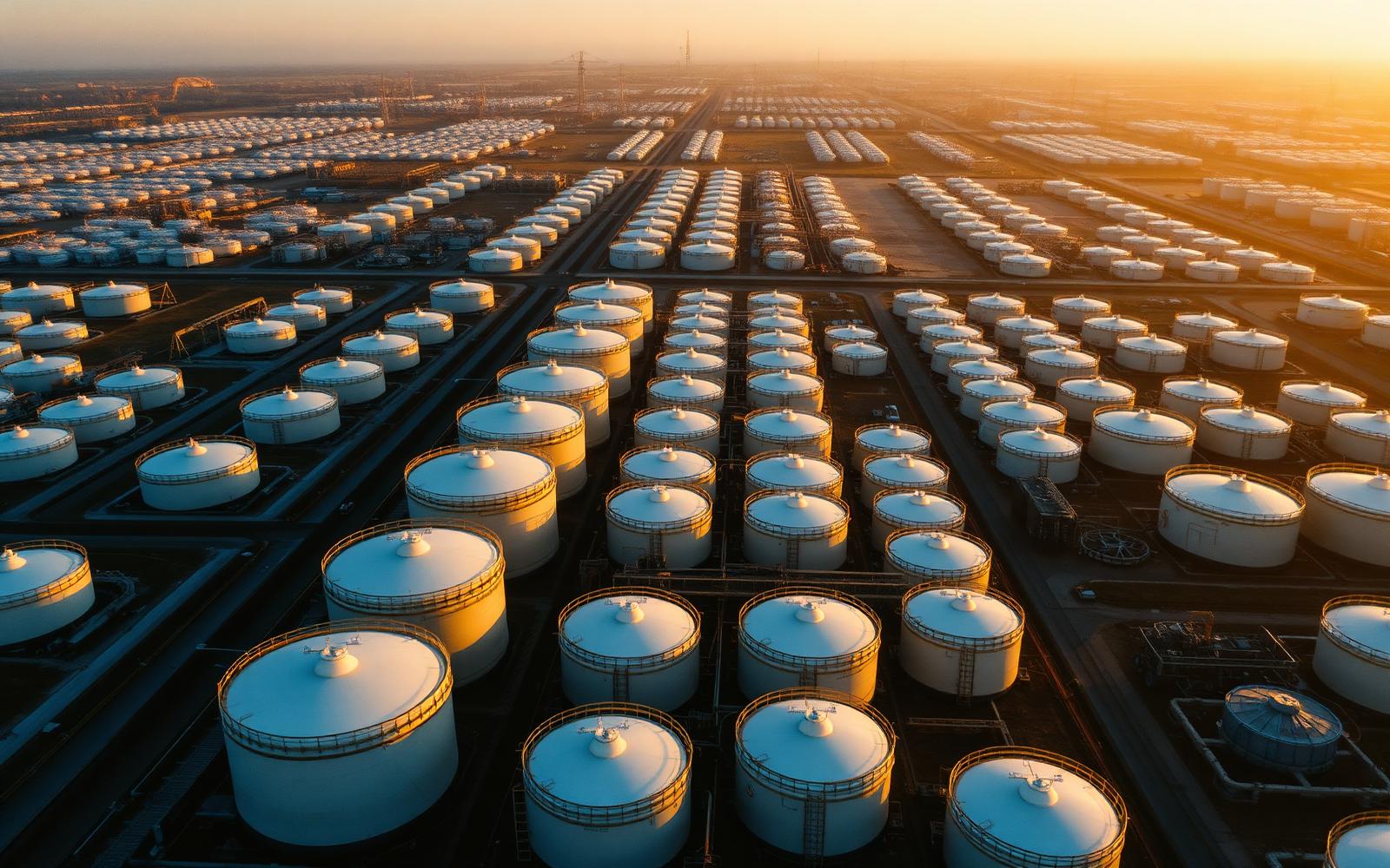 Aerial view of an oil tank farm at dawn