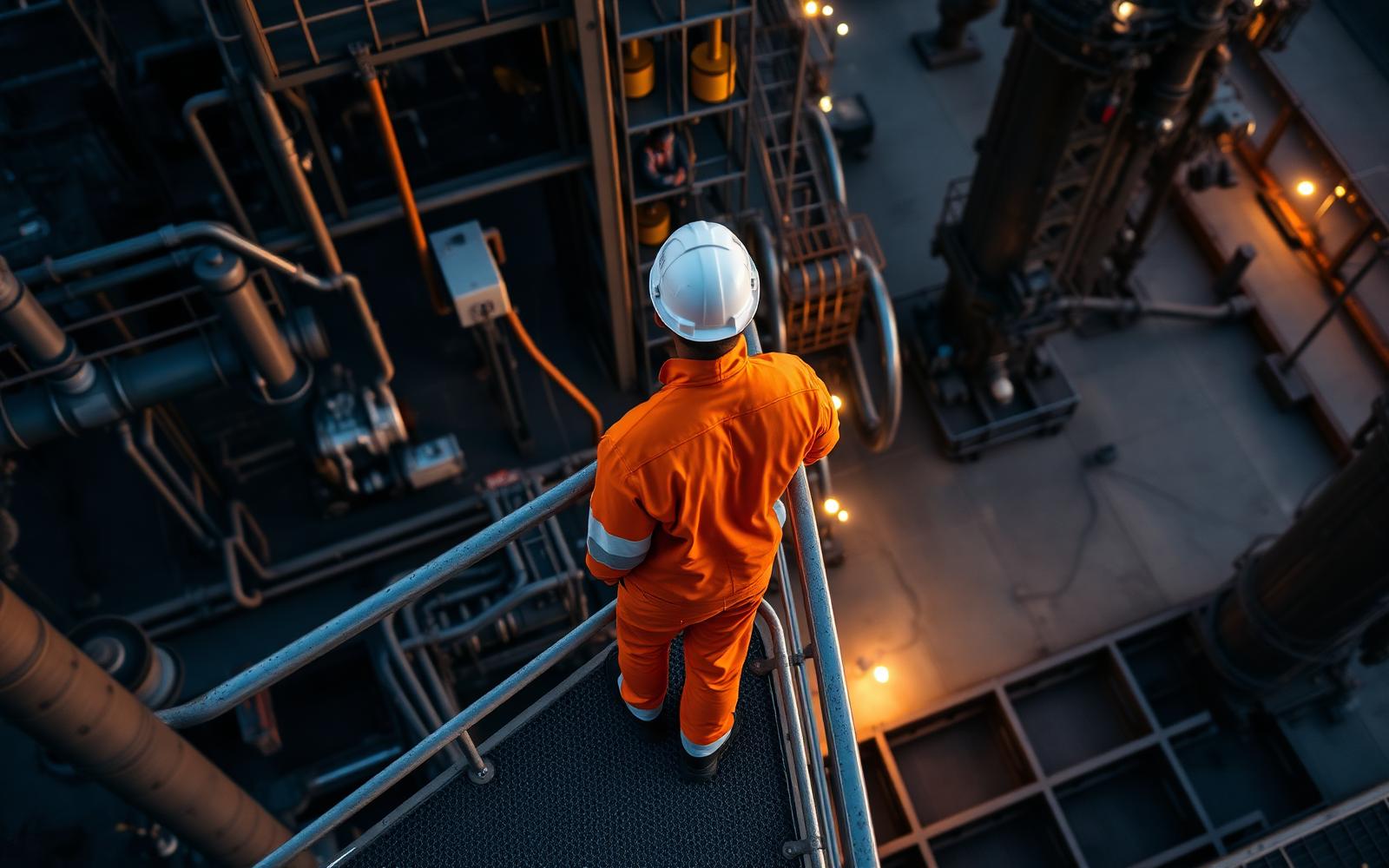 Industrial worker inspecting refinery equipment