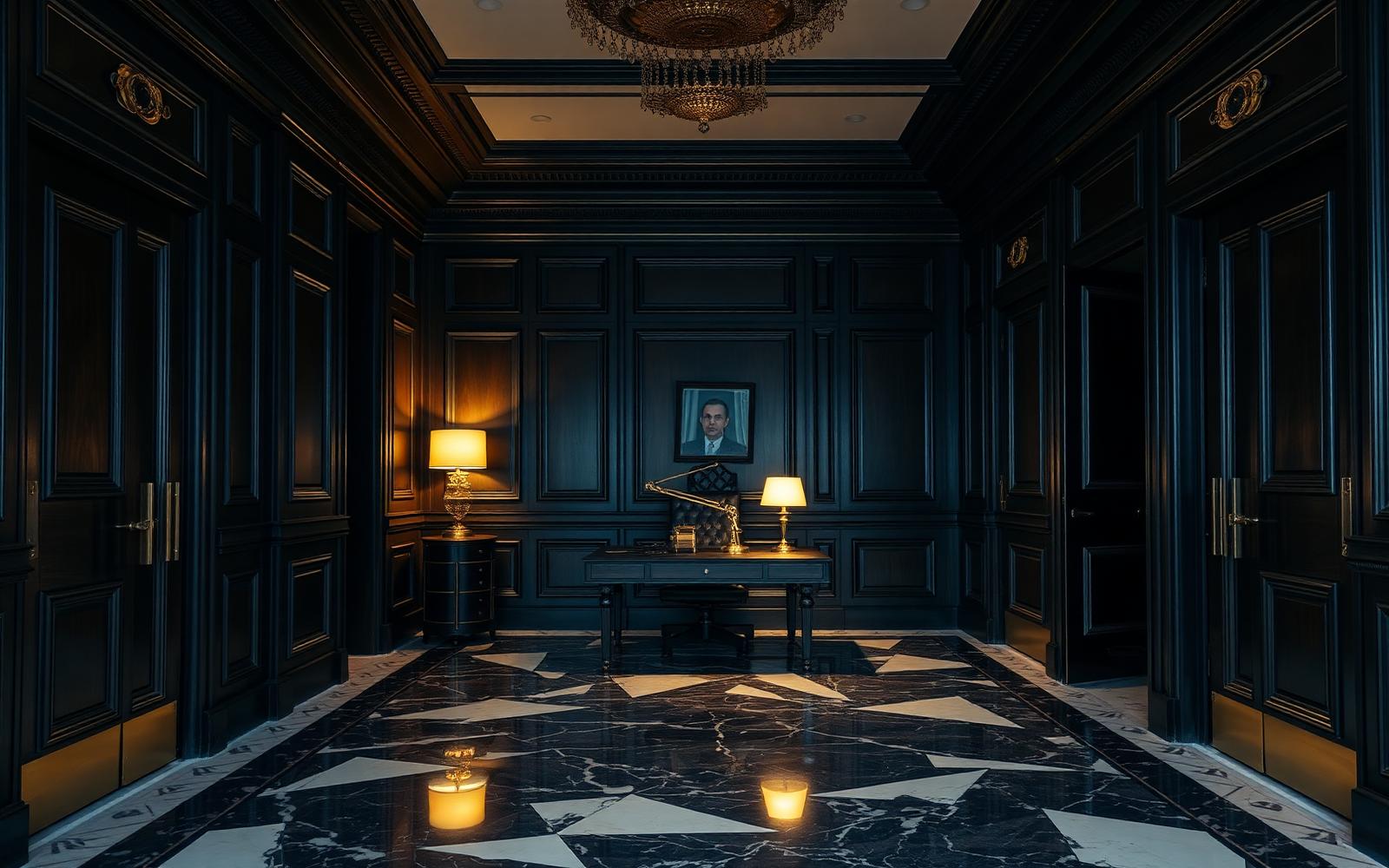 Luxury Mayfair office interior with marble and dark wood